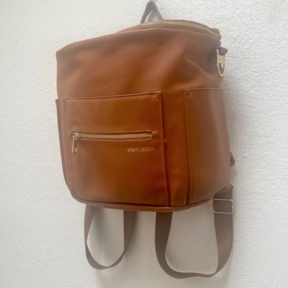 Fawn Design Original Diaper Bag Brown Pebbled Faux Leather Backpack Messenger